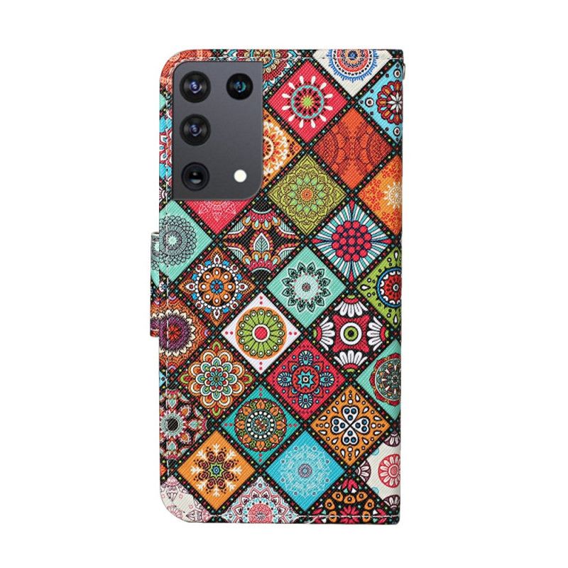 Leren Hoesje Samsung Galaxy S21 Ultra 5G Patchwork Mandala'S Met String