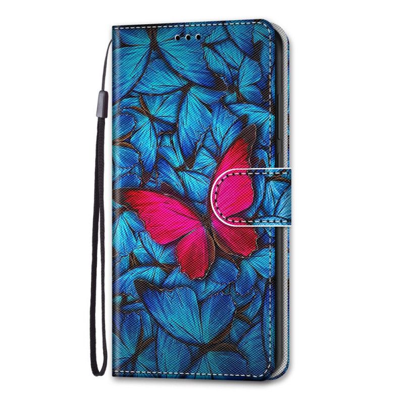 Leren Hoesje Samsung Galaxy S21 Ultra 5G Rode Vlinder Op Blauwe Achtergrond