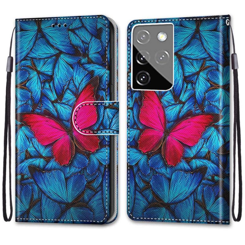 Leren Hoesje Samsung Galaxy S21 Ultra 5G Rode Vlinder Op Blauwe Achtergrond