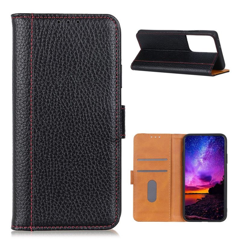 Leren Hoesje Samsung Galaxy S21 Ultra 5G Rood Zwart Naden In Lychee-Leereffect