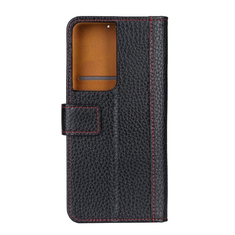Leren Hoesje Samsung Galaxy S21 Ultra 5G Rood Zwart Naden In Lychee-Leereffect