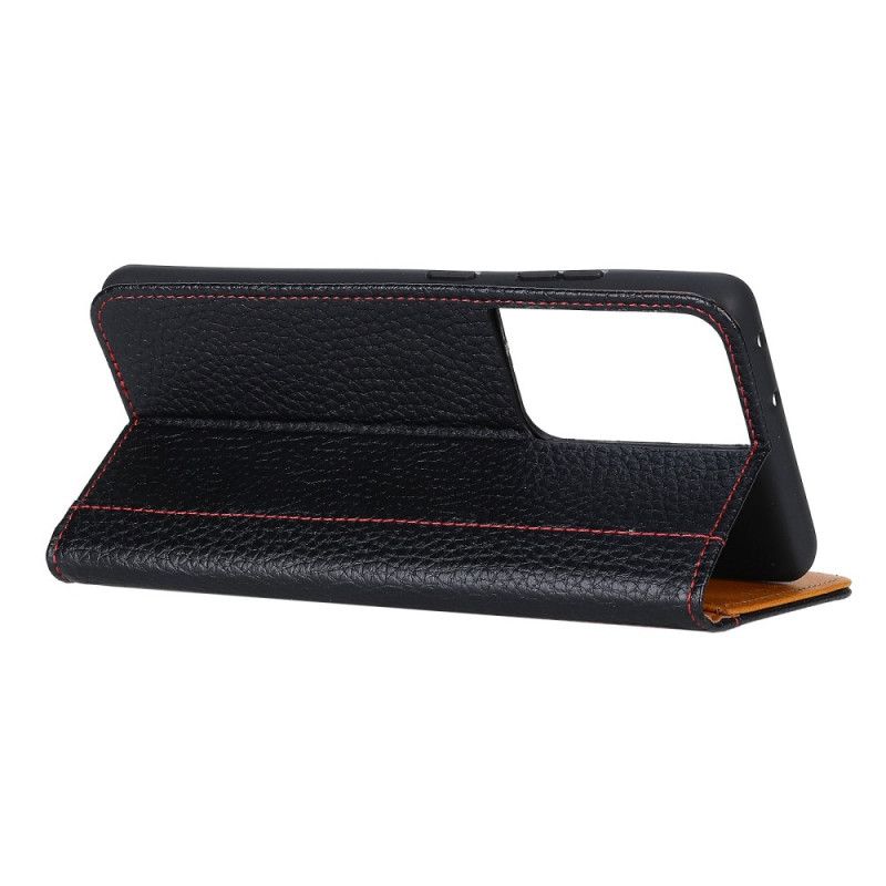 Leren Hoesje Samsung Galaxy S21 Ultra 5G Rood Zwart Naden In Lychee-Leereffect