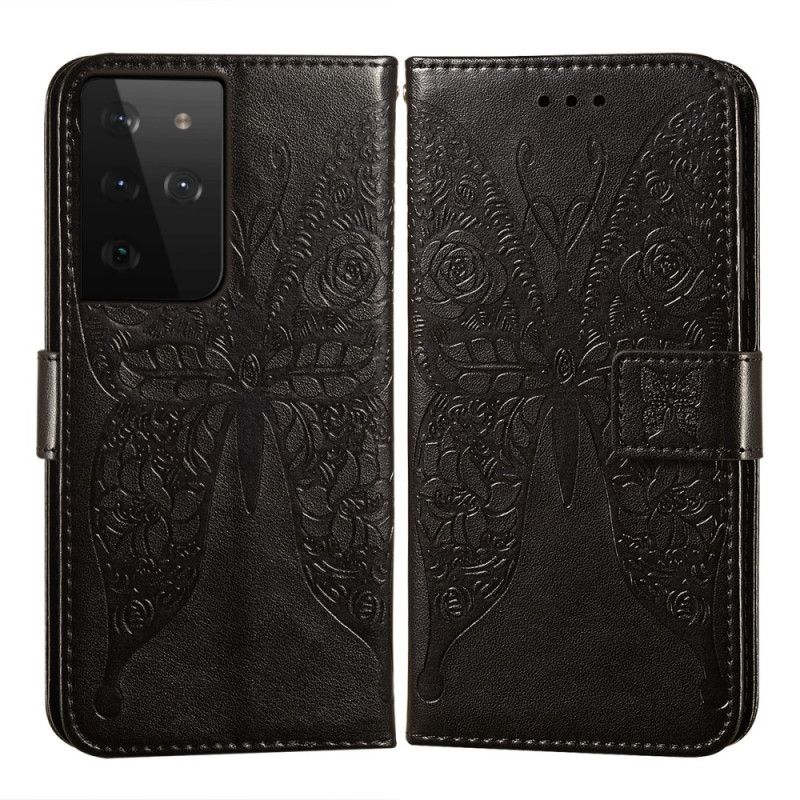 Leren Hoesje Samsung Galaxy S21 Ultra 5G Rood Zwart Telefoonhoesje Vlinders Bloemenpatroon