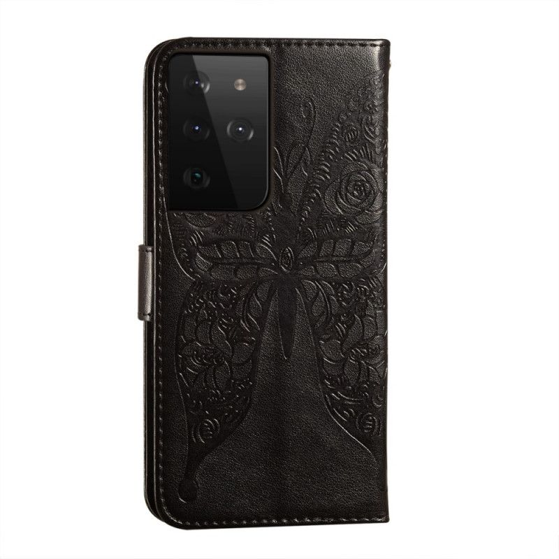 Leren Hoesje Samsung Galaxy S21 Ultra 5G Rood Zwart Telefoonhoesje Vlinders Bloemenpatroon