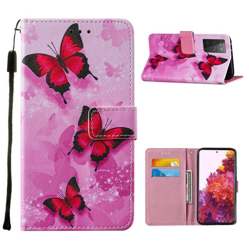 Leren Hoesje Samsung Galaxy S21 Ultra 5G Rood Zwart Waarom Geen Vlinders?