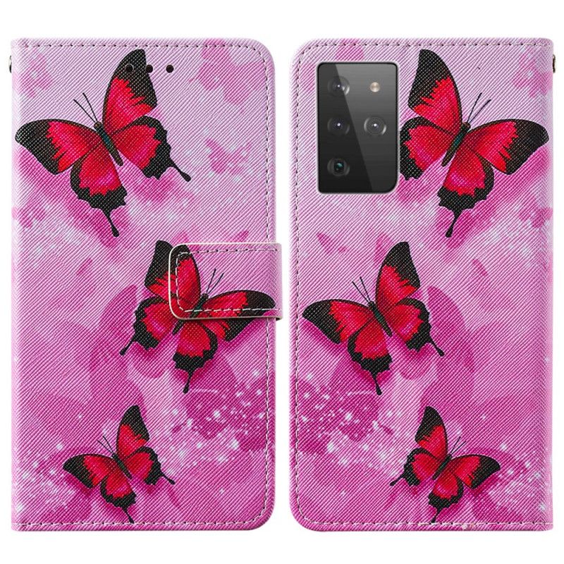 Leren Hoesje Samsung Galaxy S21 Ultra 5G Rood Zwart Waarom Geen Vlinders?