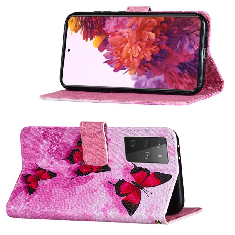 Leren Hoesje Samsung Galaxy S21 Ultra 5G Rood Zwart Waarom Geen Vlinders?