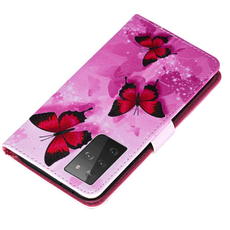 Leren Hoesje Samsung Galaxy S21 Ultra 5G Rood Zwart Waarom Geen Vlinders?