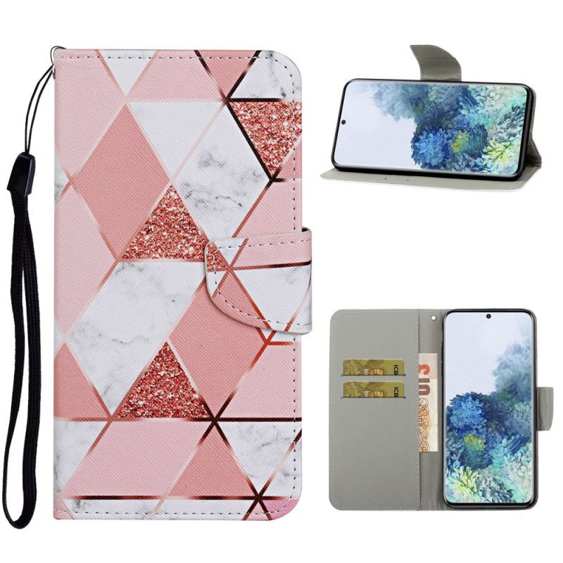 Leren Hoesje Samsung Galaxy S21 Ultra 5G Telefoonhoesje Marmer En Pailletten Met Riem