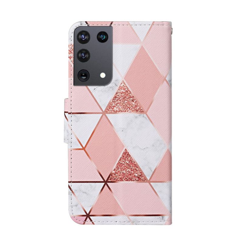 Leren Hoesje Samsung Galaxy S21 Ultra 5G Telefoonhoesje Marmer En Pailletten Met Riem