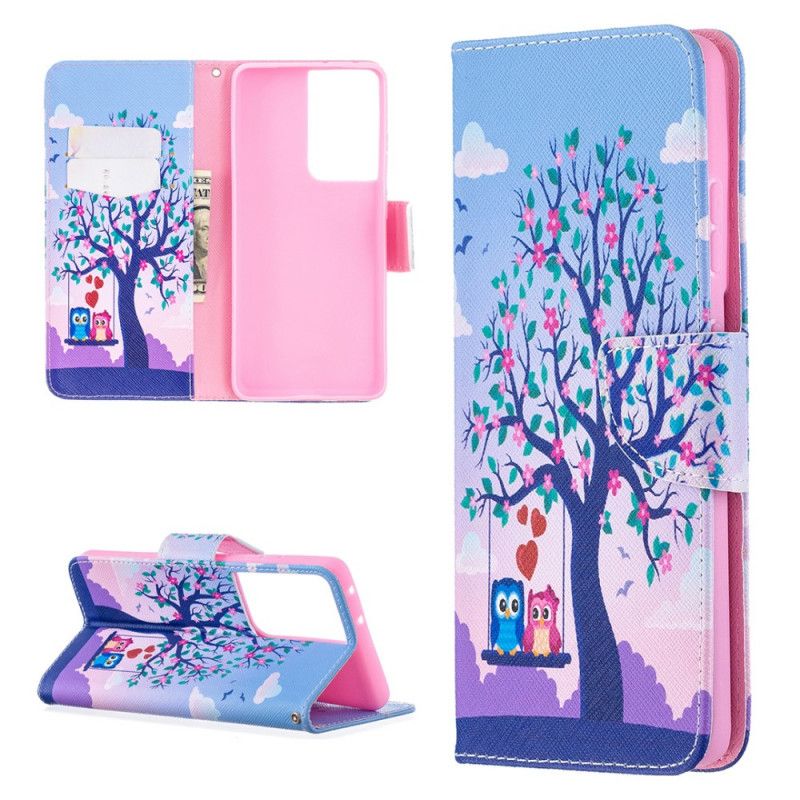 Leren Hoesje Samsung Galaxy S21 Ultra 5G Uilen Op De Schommel