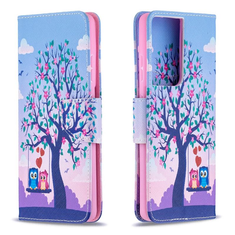 Leren Hoesje Samsung Galaxy S21 Ultra 5G Uilen Op De Schommel