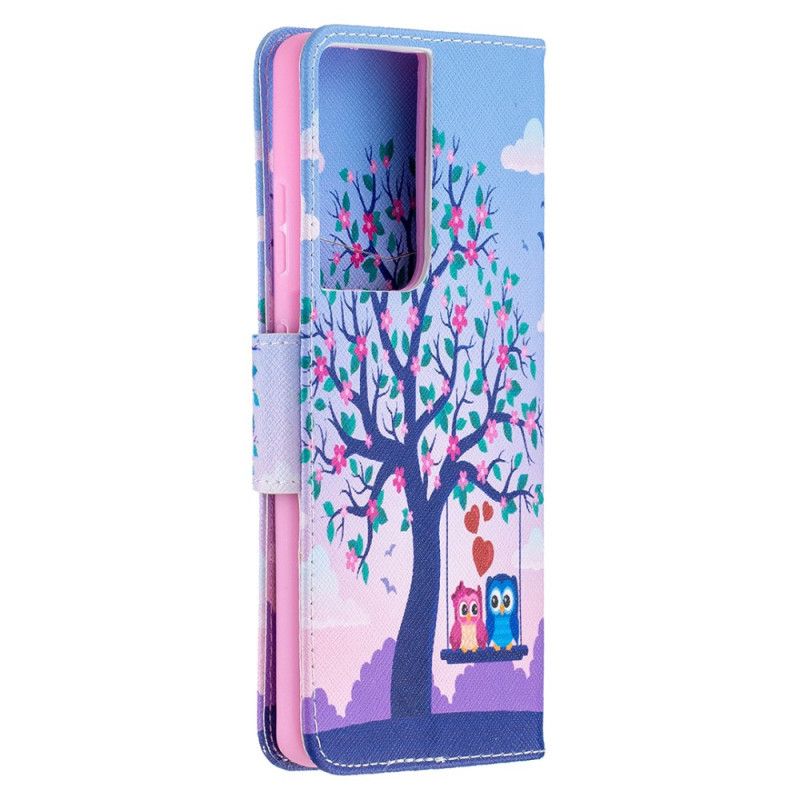 Leren Hoesje Samsung Galaxy S21 Ultra 5G Uilen Op De Schommel