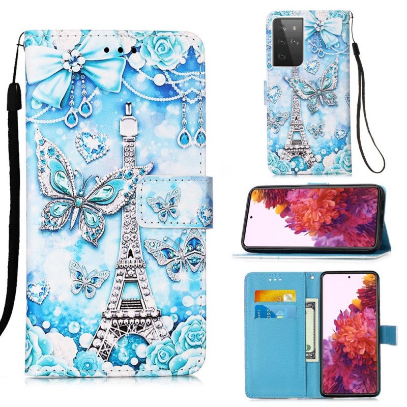 Leren Hoesje Samsung Galaxy S21 Ultra 5G Vlinderkoord Van De Eiffeltoren