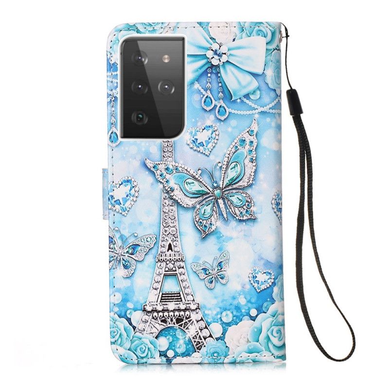 Leren Hoesje Samsung Galaxy S21 Ultra 5G Vlinderkoord Van De Eiffeltoren