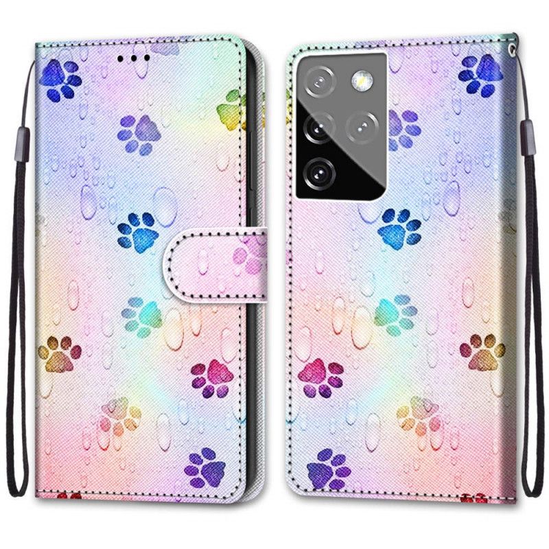 Leren Hoesje Samsung Galaxy S21 Ultra 5G Voetafdrukken In De Regen
