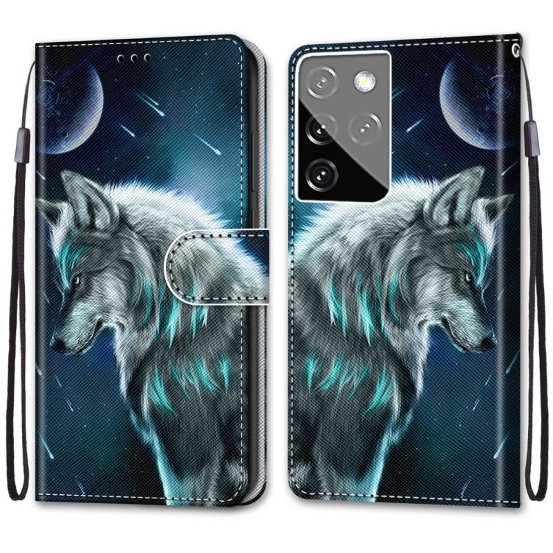 Leren Hoesje Samsung Galaxy S21 Ultra 5G Wolf Onder Een Sterrenregen