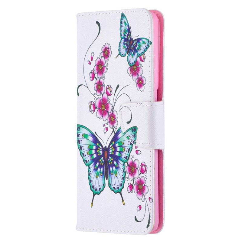 Leren Hoesje voor Samsung Galaxy S21 Ultra 5G Donkerblauw Magenta Prachtige Vlinders