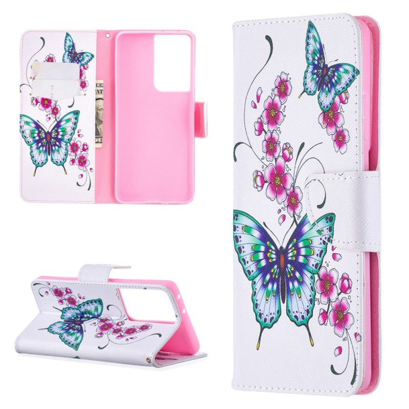 Leren Hoesje voor Samsung Galaxy S21 Ultra 5G Donkerblauw Magenta Prachtige Vlinders