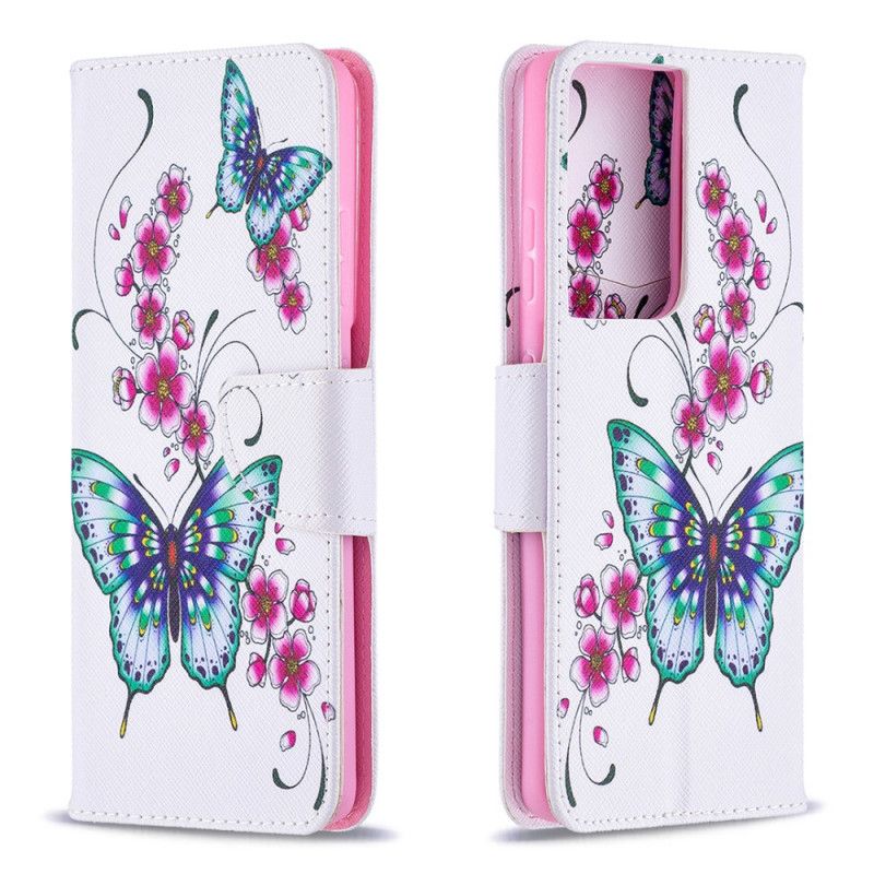 Leren Hoesje voor Samsung Galaxy S21 Ultra 5G Donkerblauw Magenta Prachtige Vlinders