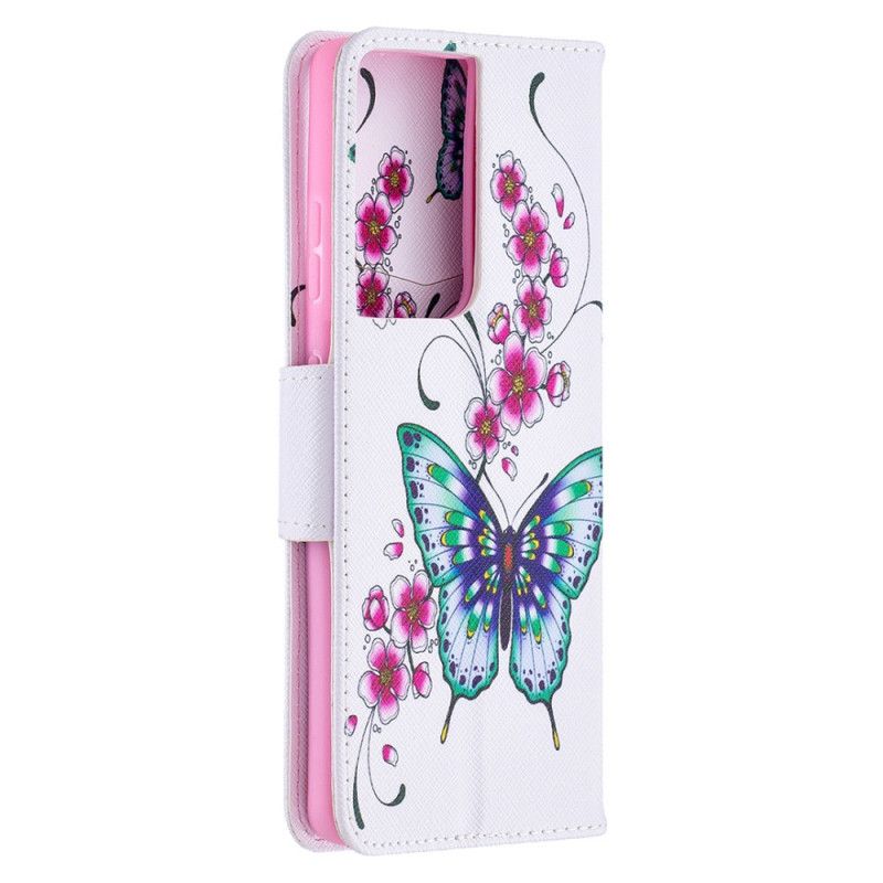 Leren Hoesje voor Samsung Galaxy S21 Ultra 5G Donkerblauw Magenta Prachtige Vlinders