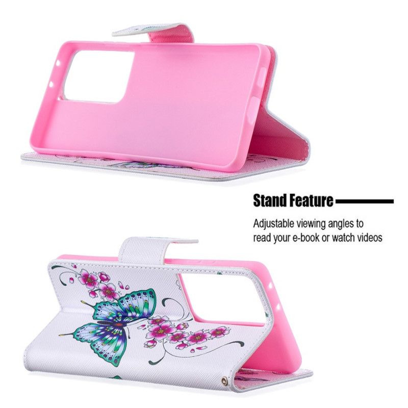 Leren Hoesje voor Samsung Galaxy S21 Ultra 5G Donkerblauw Magenta Prachtige Vlinders