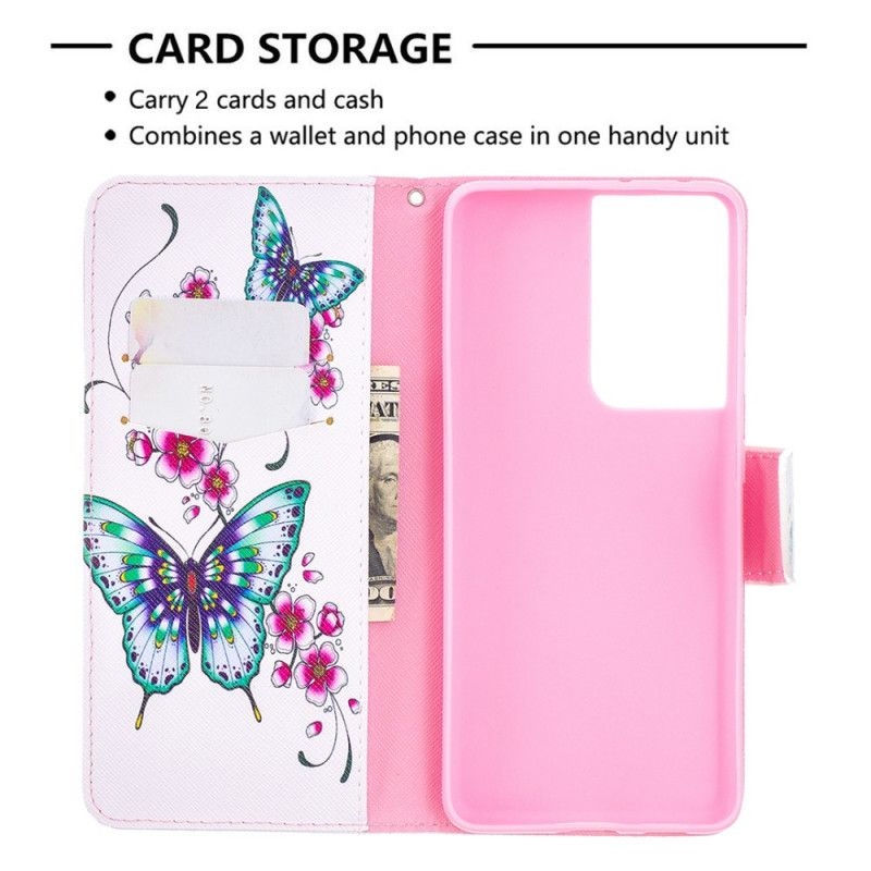 Leren Hoesje voor Samsung Galaxy S21 Ultra 5G Donkerblauw Magenta Prachtige Vlinders