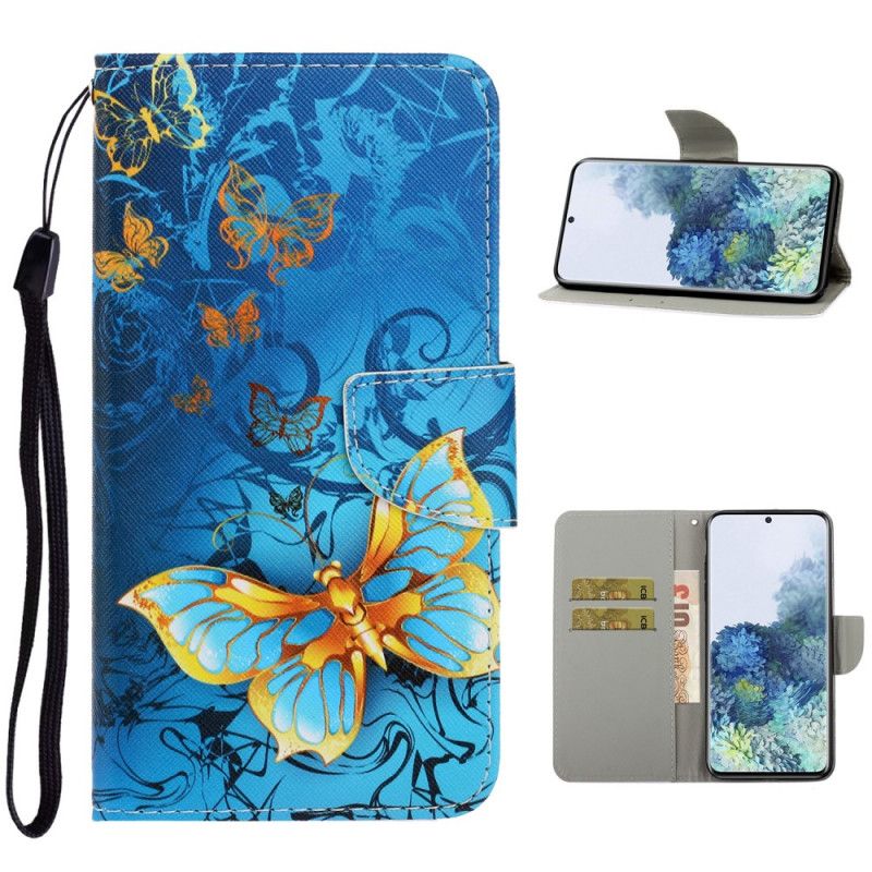 Leren Hoesje voor Samsung Galaxy S21 Ultra 5G Donkerblauw Zwart Vlindervariaties Met String