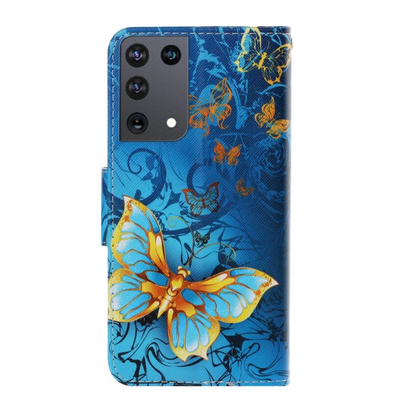Leren Hoesje voor Samsung Galaxy S21 Ultra 5G Donkerblauw Zwart Vlindervariaties Met String