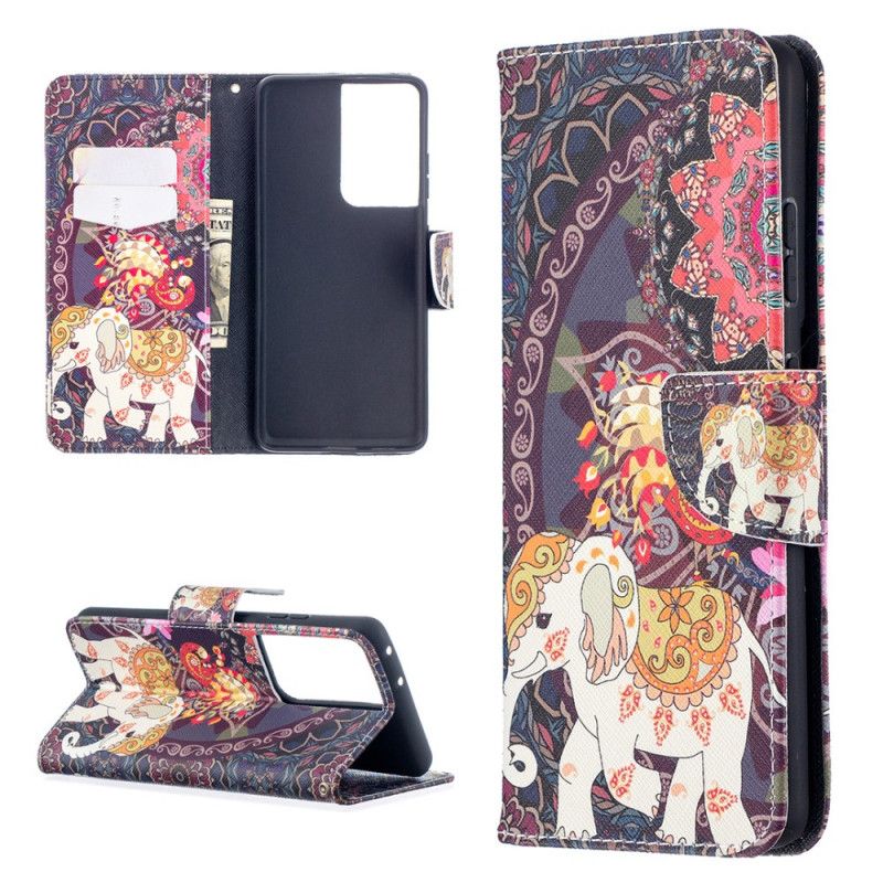 Leren Hoesje voor Samsung Galaxy S21 Ultra 5G Etnische Olifantenmandala