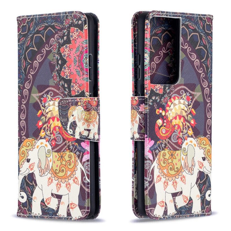 Leren Hoesje voor Samsung Galaxy S21 Ultra 5G Etnische Olifantenmandala