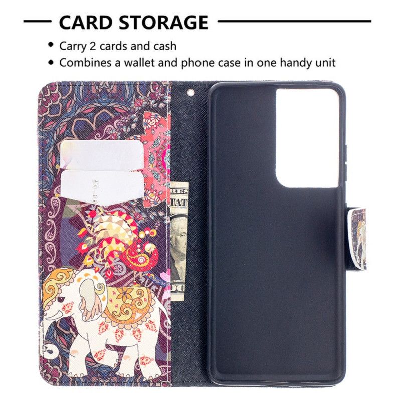 Leren Hoesje voor Samsung Galaxy S21 Ultra 5G Etnische Olifantenmandala