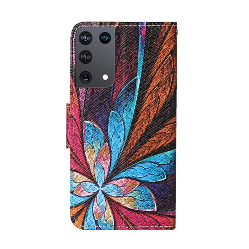 Leren Hoesje voor Samsung Galaxy S21 Ultra 5G Gekleurde Bladeren Met Riem