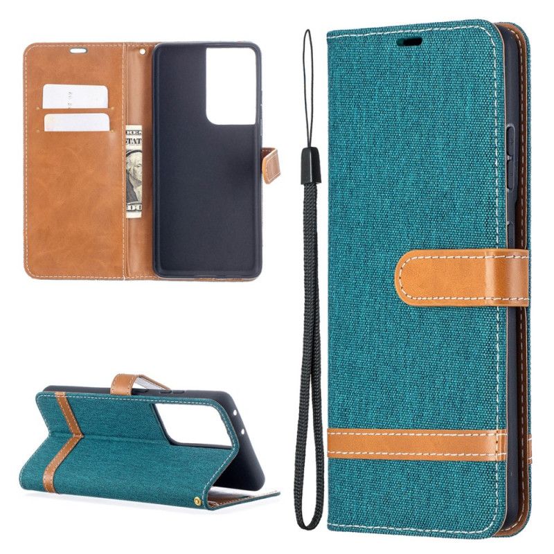 Leren Hoesje voor Samsung Galaxy S21 Ultra 5G Grijs Zwart Stof En Leereffect Met String