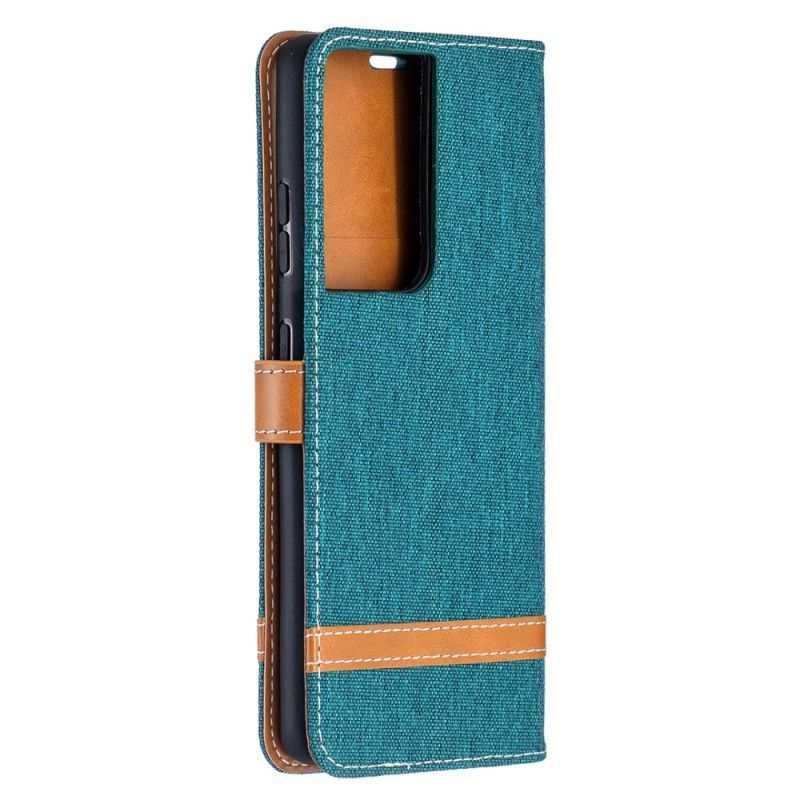 Leren Hoesje voor Samsung Galaxy S21 Ultra 5G Grijs Zwart Stof En Leereffect Met String