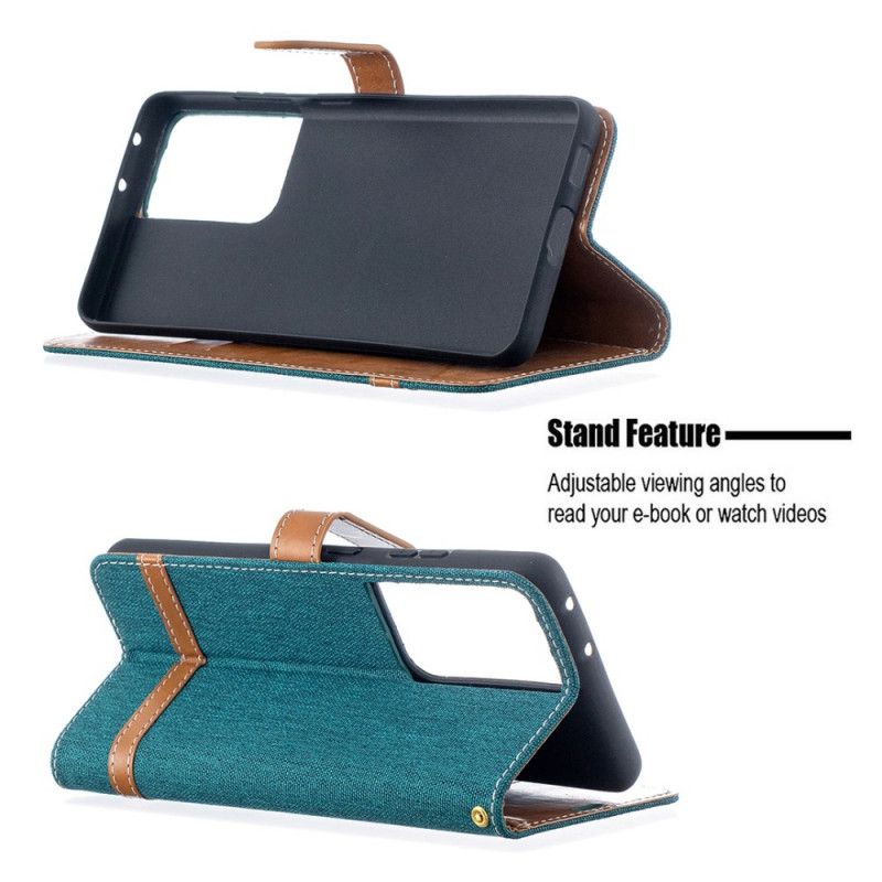 Leren Hoesje voor Samsung Galaxy S21 Ultra 5G Grijs Zwart Stof En Leereffect Met String