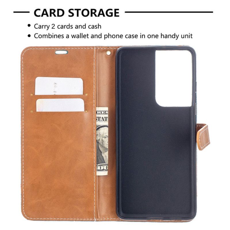 Leren Hoesje voor Samsung Galaxy S21 Ultra 5G Grijs Zwart Stof En Leereffect Met String