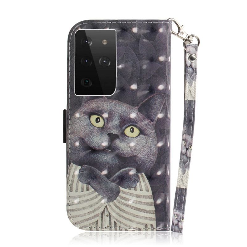 Leren Hoesje voor Samsung Galaxy S21 Ultra 5G Grijze Kat Met String