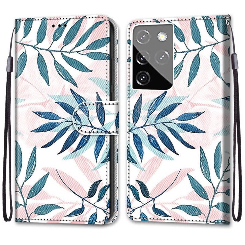 Leren Hoesje voor Samsung Galaxy S21 Ultra 5G Groen Magenta Gekleurde Bladeren