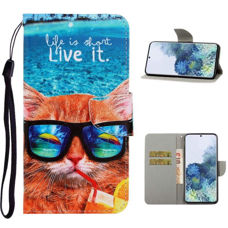 Leren Hoesje voor Samsung Galaxy S21 Ultra 5G Kat Leef Het Met String
