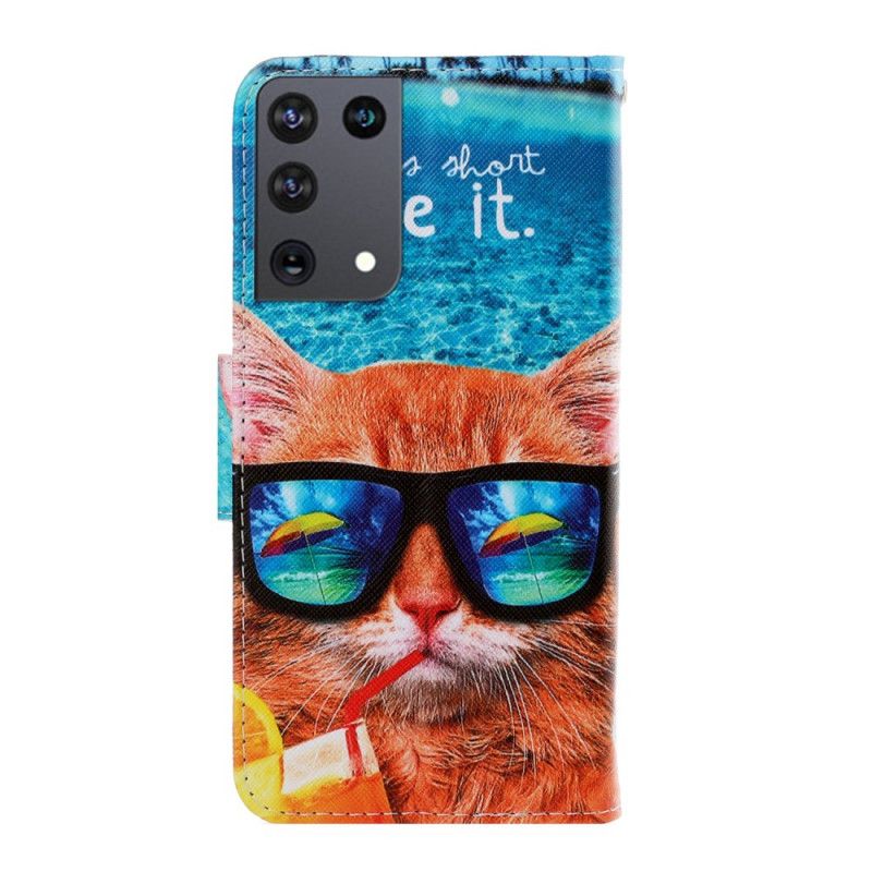 Leren Hoesje voor Samsung Galaxy S21 Ultra 5G Kat Leef Het Met String
