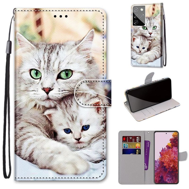 Leren Hoesje voor Samsung Galaxy S21 Ultra 5G Kattenfamilie