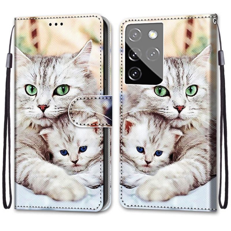 Leren Hoesje voor Samsung Galaxy S21 Ultra 5G Kattenfamilie