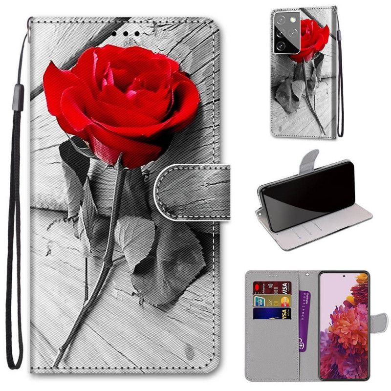 Leren Hoesje voor Samsung Galaxy S21 Ultra 5G Lichtblauw Rood Bloemenwonder