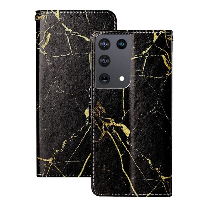 Leren Hoesje voor Samsung Galaxy S21 Ultra 5G Magenta Zwart Marmer