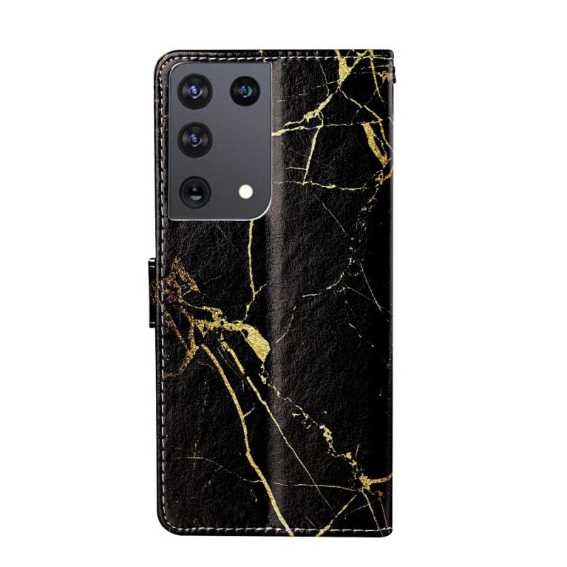 Leren Hoesje voor Samsung Galaxy S21 Ultra 5G Magenta Zwart Marmer