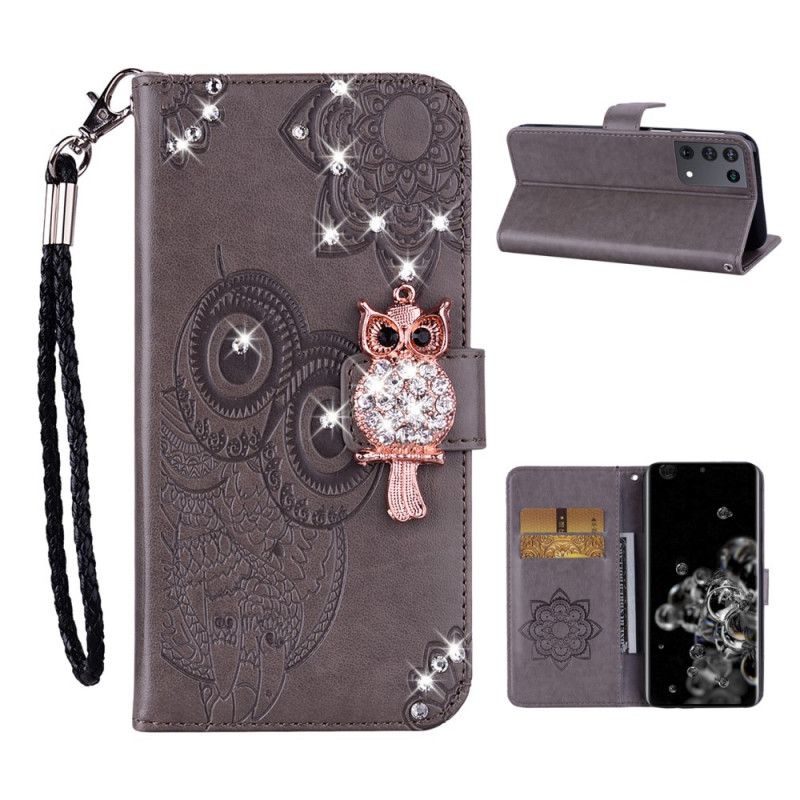 Leren Hoesje voor Samsung Galaxy S21 Ultra 5G Rood Grijs Uilenmandala En Bedel