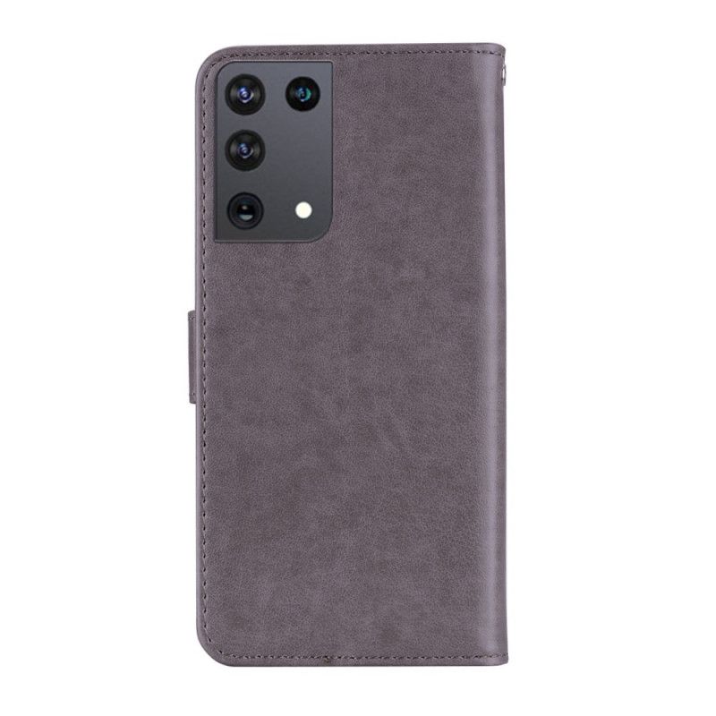 Leren Hoesje voor Samsung Galaxy S21 Ultra 5G Rood Grijs Uilenmandala En Bedel