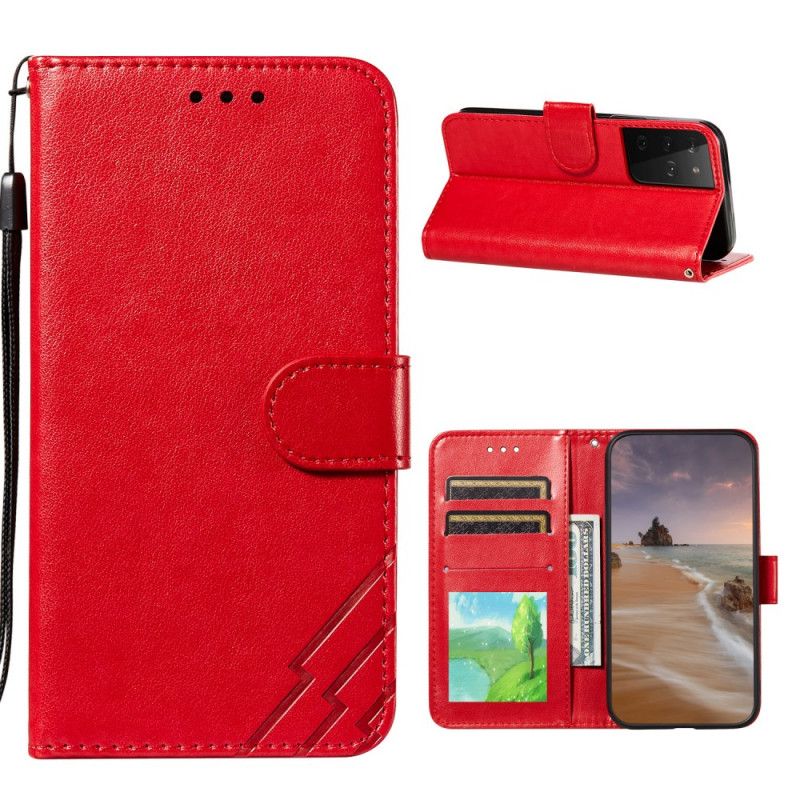 Leren Hoesje voor Samsung Galaxy S21 Ultra 5G Rood Zwart Design Bliksemleder Effect