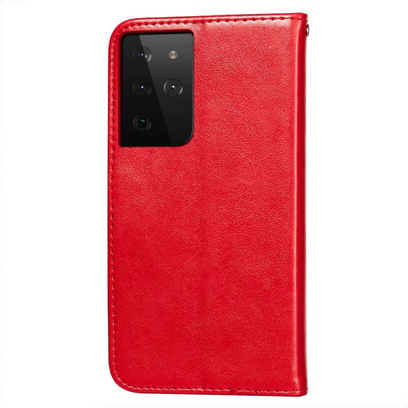 Leren Hoesje voor Samsung Galaxy S21 Ultra 5G Rood Zwart Design Bliksemleder Effect